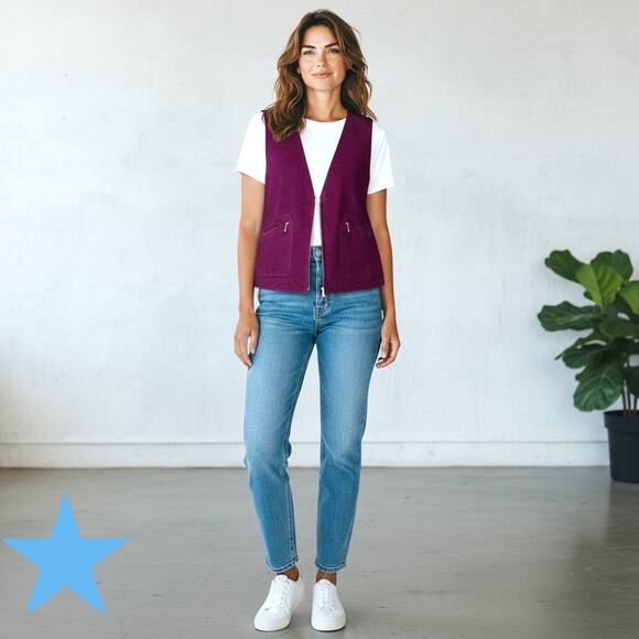 Agapo Womens Grape Purple Suede Leather Medium Chic Minimal 90s Vintage Vest - Picture 10 of 10